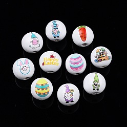 Egg Perles en bois imprimées sur le thème de Pâques, ronde, couleur mixte, motif de thème de Pâques, 15.5~16x15mm, Trou: 3.5mm
