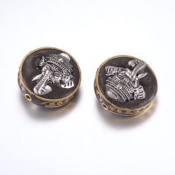 Brut (Non-plaqué) Perles Indonésiennes manuelles, avec les accessoires en laiton, sans nickel, plat et circulaire avec éléphant, noir, brut (non plaqué), 28~28.5x13~14mm, Trou: 2mm