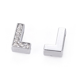 Letter L Alloy Initial Slide Charms with Grade A Rhinestones, Lead Free & Nickel Free, Platinum, Letter.L, 12~13x8~13x4~5mm, Hole: 8x2mm