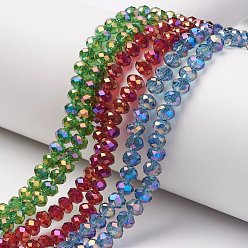 Mixed Color Electroplate Transparent Glass Beads Strands, Half Rainbow Plated, Faceted, Rondelle, Mixed Color, 6x5mm, Hole: 1mm, about 85~88pcs/strand, 16.1~16.5 inch(41~42cm)