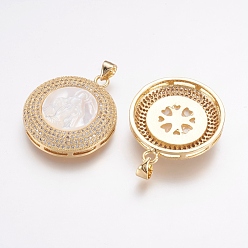 Real 18K Gold Plated Brass Micro Pave Cubic Zirconia Pendants, Long-Lasting Plated, with Shell Carved Virgin, Flat Round, Real 18K Gold Plated, 29.5x25x5.5mm, Hole: 3.5x5mm