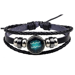 Aquarius Constellation Glass Link Multi-strand Bracelet, PU Leather Braided Triple Layer Gothic Bracelet for Men Women, Aquarius, 7-1/8~9-7/8 inch(18~25cm)