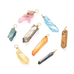 Mixed Color Electroplated Natural Quartz Crystal Pendants, with Real 18K Gold Plated Copper Findings, Nuggets, Mixed Color, 30~41x5~18x4~9mm, Hole: 3~3.7mm