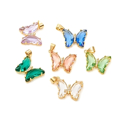 Mixed Color Glass Pendants, with Brass Clear Micro Pave Cubic Zirconia, Butterfly, Golden, Mixed Color, 24x21x4mm, Hole: 5.5x3.5mm