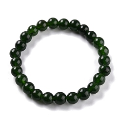Dark Green Dyed Natural Jade Beads Stretch Bracelets, Round, Dark Green, Inner Diameter: 2-1/4 inch(5.7cm), Bead: 8~8.5mm