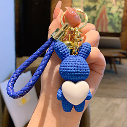 Blue Rabbit with Heart Resin Keychain, with Alloy Findings and Bell, Blue, 7x3.5cm