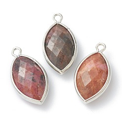 Rhodonite Natural Rhodonite Pendants, with Platinum Brass Edge, Faceted, Horse Eye, 22x12x5.5mm, Hole: 1.8mm