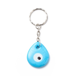 Light Blue Teardrop Handmade Lampwork Evil Eye Pendants Keychain, with Iron Findings, Light Blue, 8.5cm