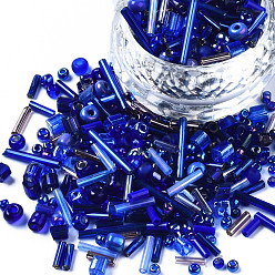 Blue Glass Seed Beads, Mixed Style, Mixed Shapes, Blue, 1~7x2~4mm, Hole: 0.7~1mm, about 450g/pound