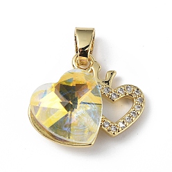 Yellow Real 18K Gold Plated Rack Plating Brass Micro Pave Clear Cubic Zirconia Pendants, with Glass, Long-Lasting Plated, Cadmium Free & Lead Free, Heart Charm, Yellow, 16x19.5x8mm, Hole: 5x3.2mm