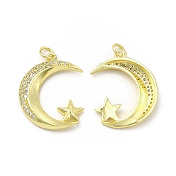Golden Brass Micro Pave Cubic Zirconia Pendants, with Jump Ring, Moon & Star Charm, Golden, 24x19x3.6mm, Hole: 2.5mm