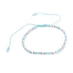 Aqua Adjustable Nylon Thread Braided Beads Bracelets, with Glass Seed Beads and Glass Bugle Beads, Aqua, 2 inch(5cm)