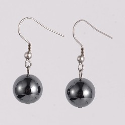 Non-magnetic Hematite Round 304 Stainless Steel Non-Magnetic Synthetic Hematite Dangle Earrings, 35mm, Pin: 0.8mm