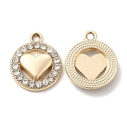 Golden UV Plating Alloy Pendants, with Crystal Rhinestone, Flat Round with Heart Charms, Golden, 18.5x15.5x3mm, Hole: 1.6mm