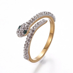 Oro 304 anillos de puño de acero inoxidable, anillos abiertos, con diamantes de imitación de arcilla polimérica, serpiente, cristal y esmeralda, dorado, tamaño de 6~9, 16~19 mm