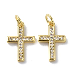Real 18K Gold Plated Brass Micro Pave Clear Cubic Zirconia Pendants, Long-Lasting Plated, with Jump Ring, Cross, Real 18K Gold Plated, 17x11x2mm, Jump Ring: 5x1mm, Inner Diameter: 3mm