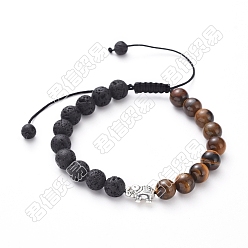 Mixed Stone Tibetan Style Alloy Elephant Adjustable Braided Bead Bracelets, with Natural Lava Rock & Tiger Eye Beads, Antique Silver, Inner Diameter: 2-1/4~4 inch(5.8~10cm)