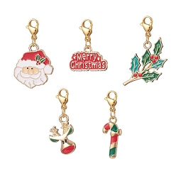 Mixed Color Christmas Alloy Enamel Pendant Decorations Sets, with 304 Stainless Steel Lobster Claw Clasps, Christmas Reindeer & Santa Claus & Holly Leaf & Candy Cane, Mixed Color, 25~37mm, 5pcs/set