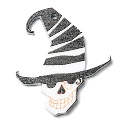 Blanc Pendentifs tête de mort en acrylique opaque, charmes de chapeau de sorcière d'halloween, blanc, 34x28.5x2.5mm, Trou: 1.6mm