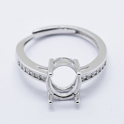 Платина Родиевое покрытие 925 компоненты кольца на палец из стерлингового серебра, с кубического циркония, регулируемый, овальные, платина, размер 6 (16мм), шириной 2 мм , лоток : 8x10 мм