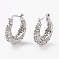 Platinum Brass Micro Pave Clear Cubic Zirconia Hoop Earrings, Long-Lasting Plated, Crescent Moon, Platinum, 22x19.5x6mm, Pin: 1mm