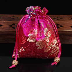 Fuchsia Chinese Style Flower Pattern Satin Jewelry Packing Pouches, Drawstring Gift Bags, Rectangle, Fuchsia, 14x11cm