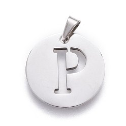 Letter P 201 Stainless Steel Pendants, Flat Round with Letter, Stainless Steel Color, Letter.P, 24.5x19.7x1.3mm, Hole: 4x3mm