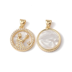 Virgo Rack Plating Brass Shell Pendants, with Cubic Zirconia & Natural Shell, Flat Round with Constellation Charms, Cadmium Free & Lead Free, Long-Lasting Plated, Real 18K Gold Plated, Virgo, 19x16x3mm, Hole: 4x3.5mm