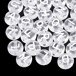 Clair Perles acryliques transparentes, trou horizontal, mélange de lettres, plat rond, clair, 7x4mm, Trou: 1.5mm, environ3700 pcs / 500 g