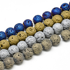 Mixed Color Electroplate Natural Lava Rock Beads Strands, Matte Style, Round, Mixed Color, 8x8.5mm, Hole: 1mm, about 48pcs/strand, 15.3 inch