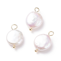 Golden Natural Baroque Pearl Keshi Pearl Pendants, Cultured Freshwater Pearl, with Brass Loops, Flat Round, Floral White, Golden, 17.5x11x4.5mm, Hole: 2.1~3.1mm