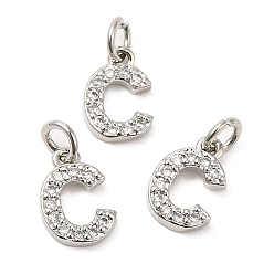 Real Platinum Plated Brass Micro Pave Grade AAA Cubic Zirconia Charms, Letter C, Cadmium Free & Nickel Free & Lead Free, Real Platinum Plated, 9x6x1.5mm, Hole: 2mm