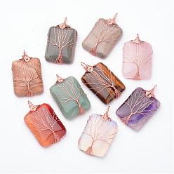 Mixed Stone Natural & Synthetic Gemstone Big Pendants, with Rose Gold Tone Brass Findings, Rectangle with Tree of Life, 52.5x30x8.5mm, Hole: 4.5mm