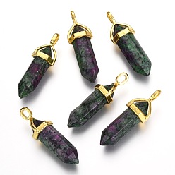 Ruby in Zoisite Natural Ruby in Zoisite Double Terminated Pointed Pendants, with Random Alloy Pendant Hexagon Bead Cap Bails, Golden, Bullet, 37~40x12.5x10mm, Hole: 3x4.5mm