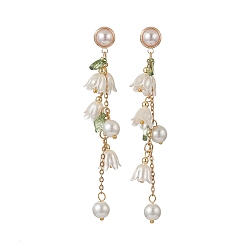 Vert Boucles d'oreilles pendantes en plastique et perles de verre abs fleur, boucles d'oreilles pompon chaîne en laiton doré pour femme, verte, 90mm, pin: 0.8 mm