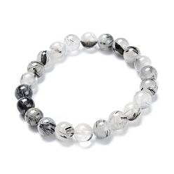 Quartz Tourmalinated Bracelets de perles extensibles en quartz tourmaliné naturel/quartz rutilé noir, ronde, diamètre intérieur: 2-1/8 pouce (5.5 cm), perles: 8~9 mm