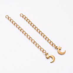 Golden Ion Plating(IP) 304 Stainless Steel Chain Extender, with Moon Charms, Golden, 62~70mm, Ring: 4x3x0.5mm