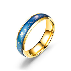 Golden Heart Beat Mood Ring, Temperature Change Color Emotion Feeling Stainless Steel Plain Ring for Men Women, Golden, US Size 10(19.8mm)