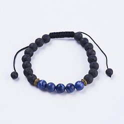 Sodalite Adjustable Nylon Cord Braided Bead Bracelets, with Lava Rock, Sodalite Beads & Alloy Findings, 2-1/8 inch(54mm)
