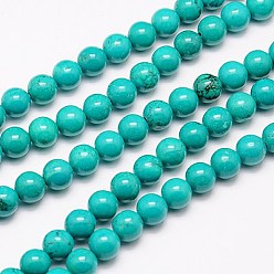 Turquoise Fil de perles de magnésite naturelle, ronde, teints et chauffée, turquoise, 4mm, Trou: 1mm