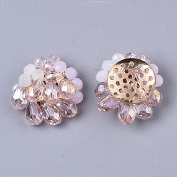 Perlas de Color Rosa Cabujones de vidrio tejido a mano, con cuentas de vidrio facetado y configuraciones de disco perforado de latón chapado en oro claro, flor, rosa perla, 23~25x23~25x8~10 mm