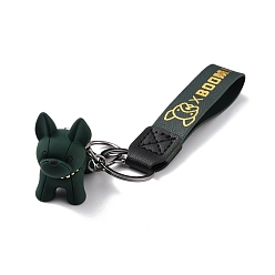 Dark Green Imitation Leather Clasps Keychain, with Resin Pendants and Zinc Alloy Findings, Dog, Gunmetal, Dark Green, 18.3cm