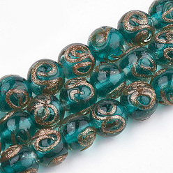 Dark Cyan Handmade Gold Sand Lampwork Beads, Round, Dark Cyan, 10~11x9~9.5mm, Hole: 1.5~2mm