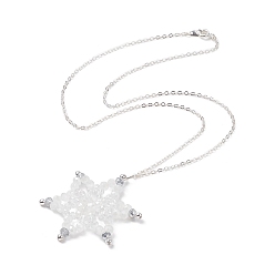 Clear Synthetic Hematite & Glass Beaded Snowflake Pendant Necklace, Brass Jewelry for Women, Clear, 18.03''(45.8cm)