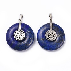 Lapis Lazuli Natural Lapis Lazuli Pendants, with Platinum Tone Brass Findings, Donut/Pi Disc with Flower, 35.5x30x8.5~9.5mm, Hole: 4.5x6.5mm