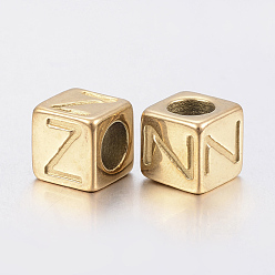 Doré  304 Perles en acier inoxydable grand trou lettre européenne, trou horizontal, cube avec letter.z, or, 8x8x8mm, Trou: 5mm