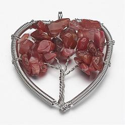 Natural Agate Dyed Natural Agate Bead Brass Wire Wrapped Heart Big Pendants, Tree of Life, Cadmium Free & Nickel Free & Lead Free, Platinum, 45~50x48~52x6~9mm, Hole: 4~6mm