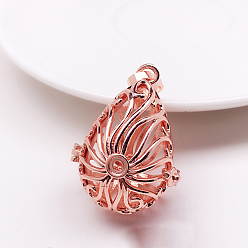 Rose Gold Brass Bead Cage Pendants, for Chime Ball Pendant Necklaces Making, Hollow, Teardrop with Sea Grass Charm, Rose Gold, No Size