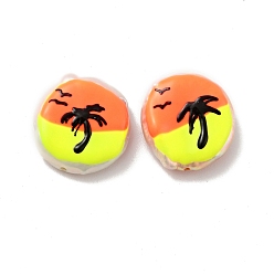 Yellow Flat Round Enamel Natural Pearl Beads, Coconut Tree Pattern, Yellow, 17x16x5mm, Hole: 1mm