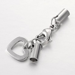 Stainless Steel Color 304 Stainless Steel Lobster Claw Clasps, with Cord Ends and Heart Charms, Stainless Steel Color, 35mm, Hole: 3mm